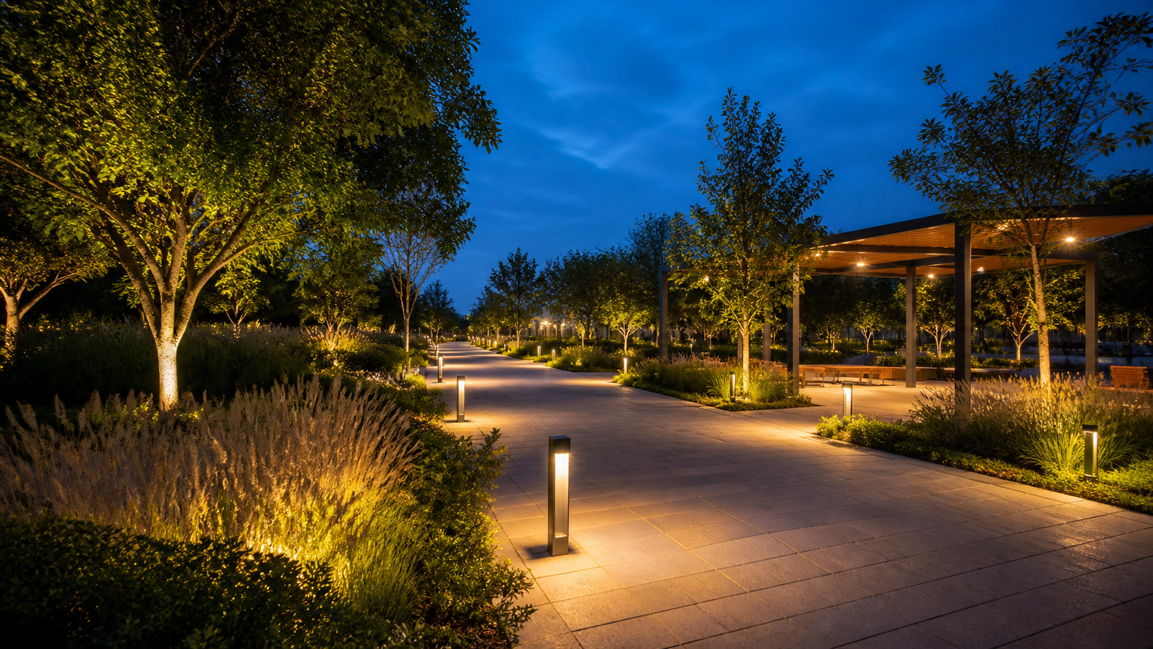 Gece aydınlatılmış park yürüyüş yolu ve peyzaj alanı